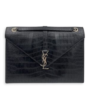 Envelope Shoulder Bag Black in Crocodile Embossed Calfskin, Silver hardware