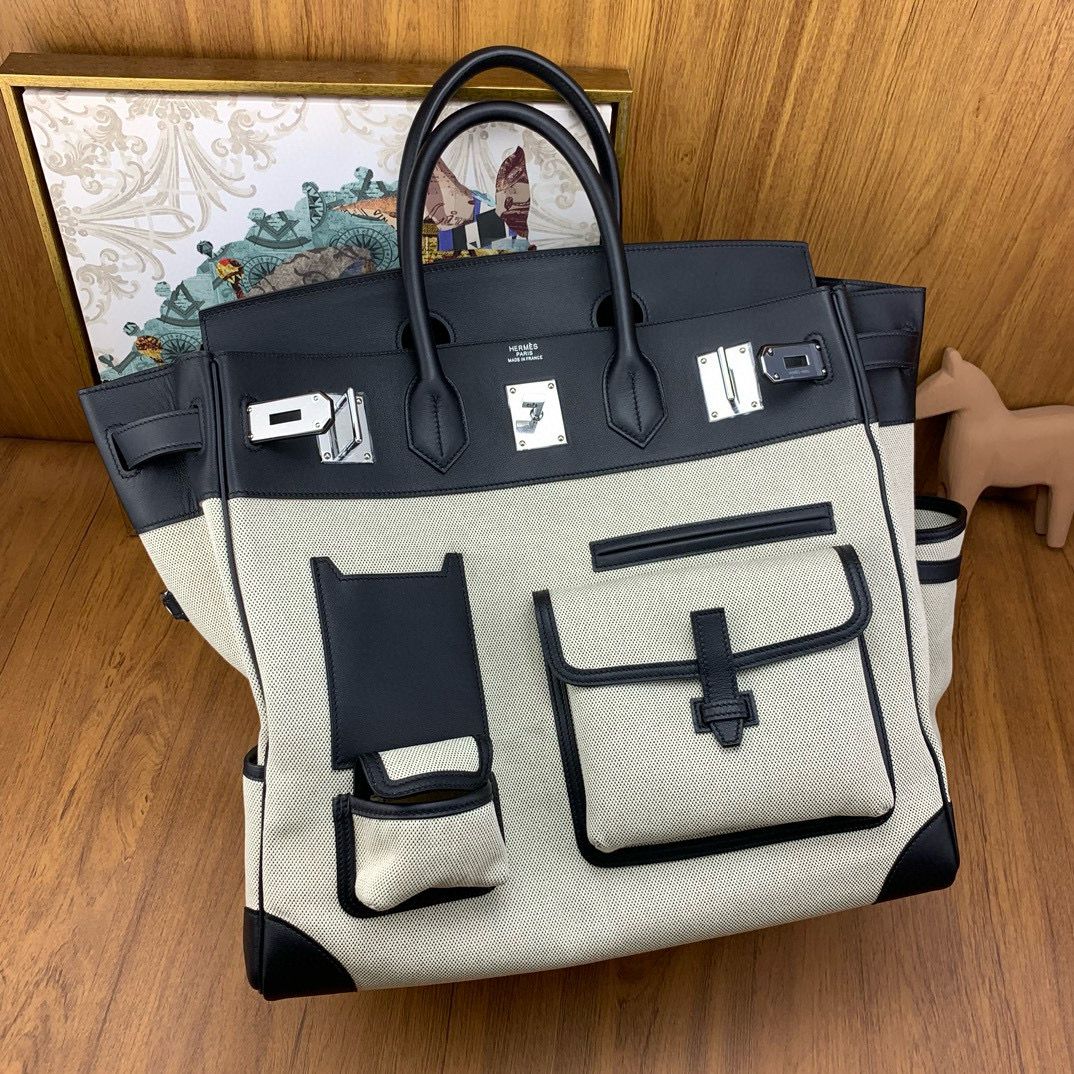 Hermes HAC Cargo Birkin 40 Handmade Bag in Toile with Black Leather - Image 7