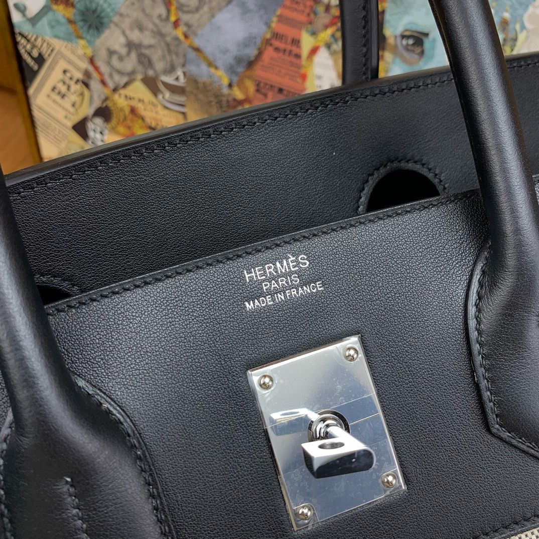 Hermes HAC Cargo Birkin 40 Handmade Bag in Toile with Black Leather - Image 9