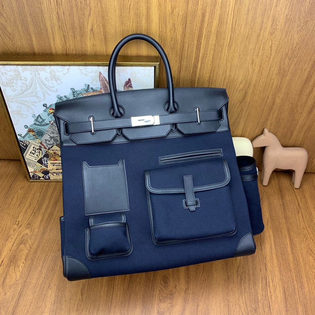 Hermes HAC Cargo Birkin 40 Handmade Bag in Blue Nuit Toile - Image 5