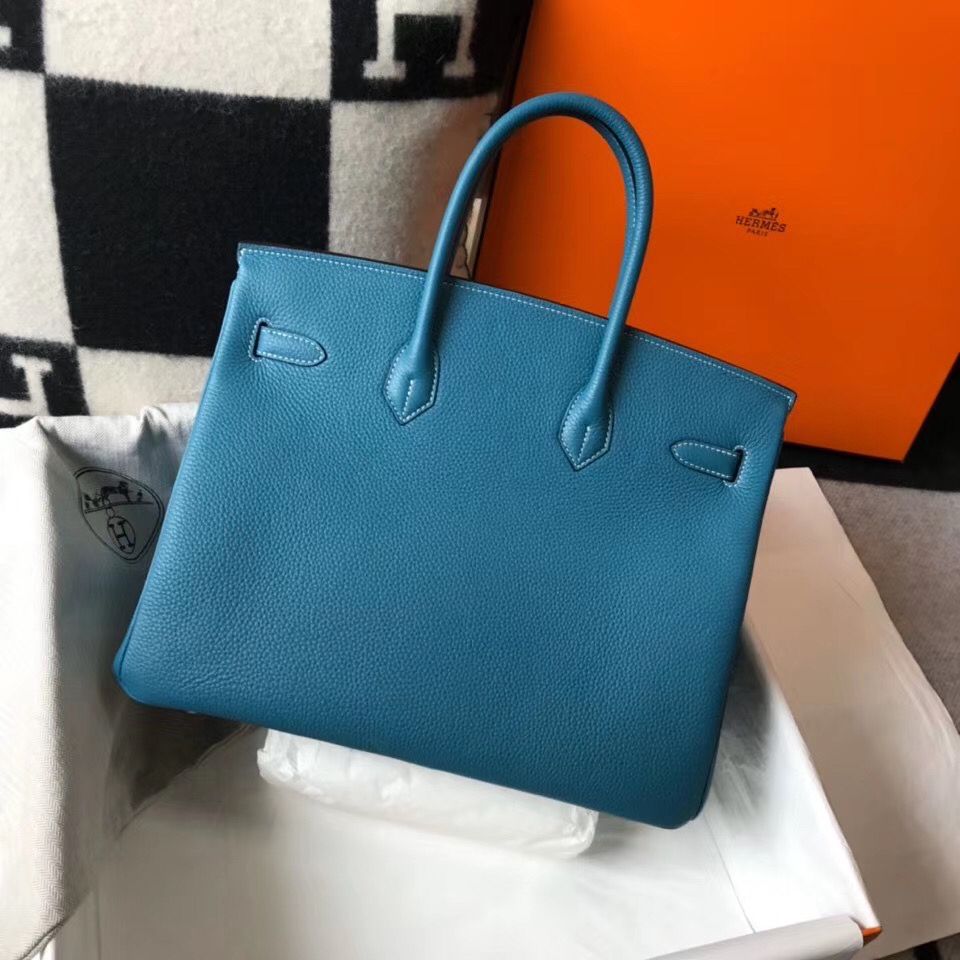 Hermes Birkin 35cm Bag In Blue Jean Clemence Leather GHW - Image 3