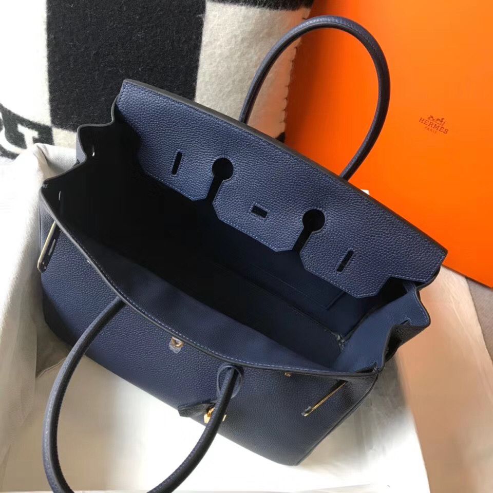 Hermes Birkin 35cm Bag In Dark Blue Clemence Leather GHW - Image 7