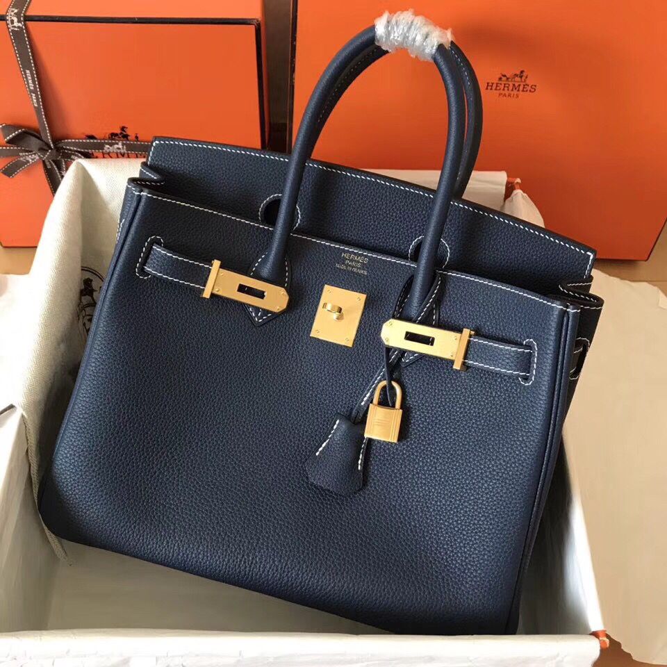 Hermes Birkin 30 Handmade Bag In Navy Blue Clemence Leather - Image 4