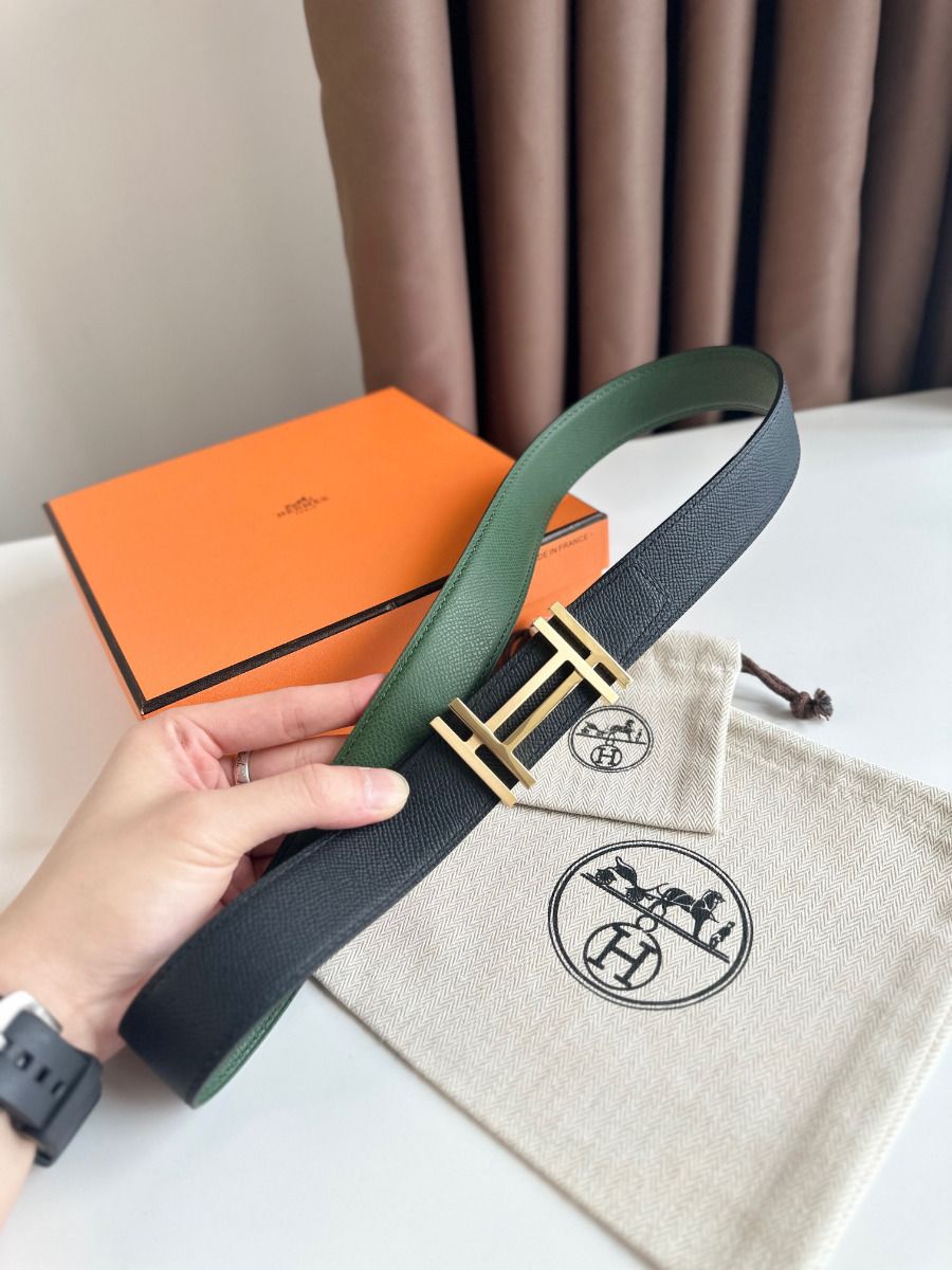 Hermes H au Carre Reversible Belt 32MM in Green and Black Epsom Leather - Image 4