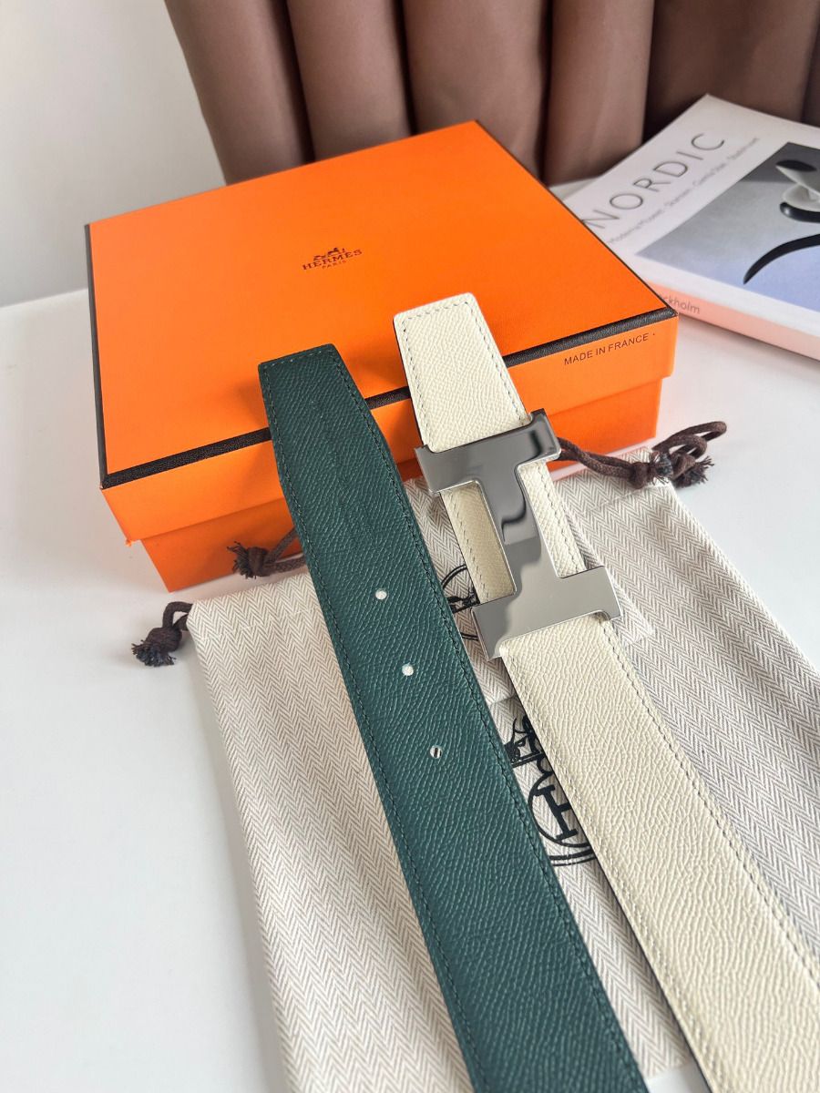 Hermes Constance Reversible Belt 38MM in Green and Craie Epsom Calfskin - Image 7