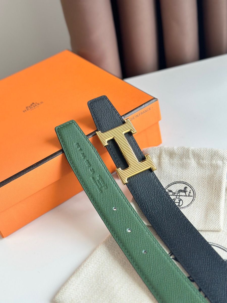 Hermes H Striee Reversible Belt 32MM in Green and Black Epsom Calfskin - Image 5
