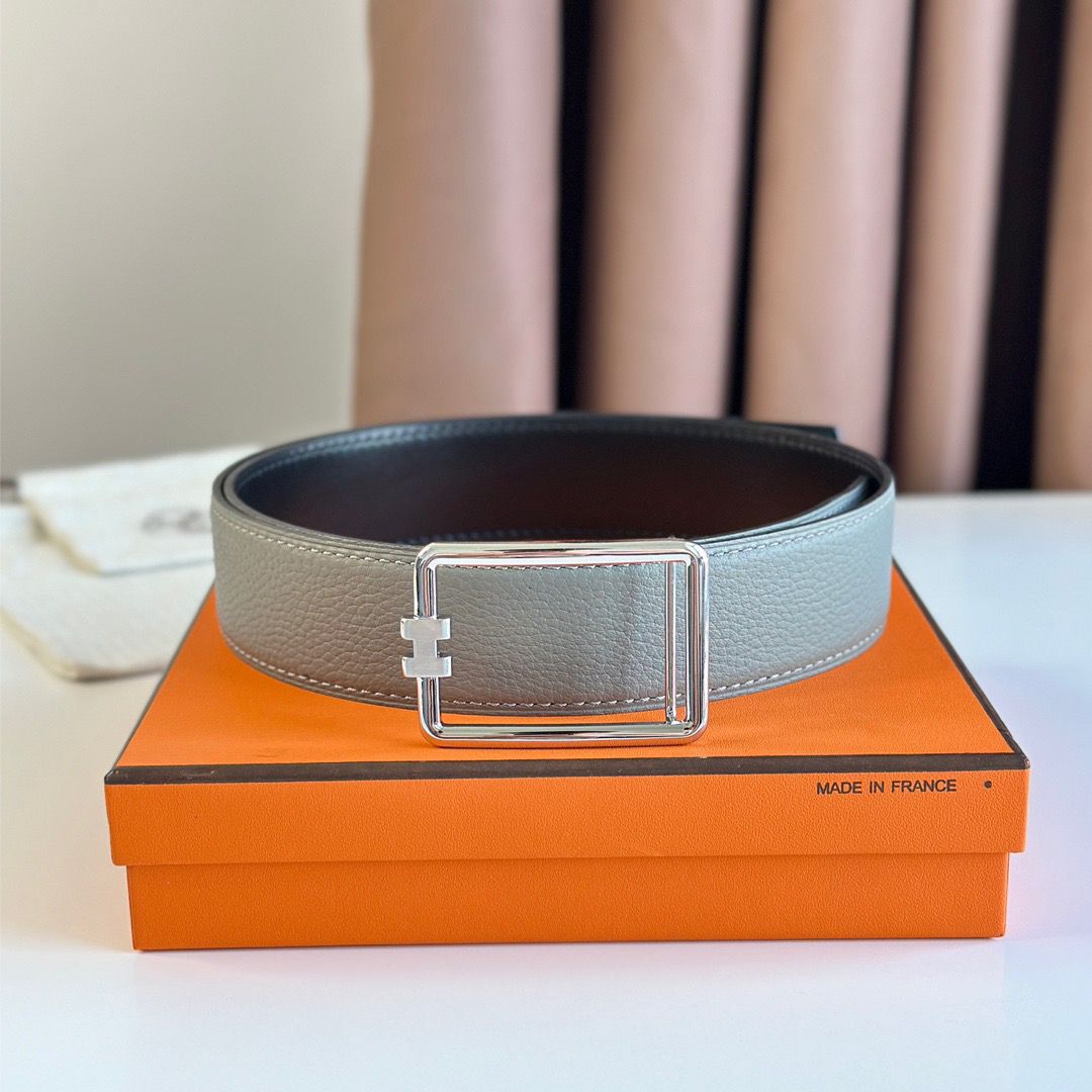 Hermes Tube H Reversible Belt 38MM in Grey Clemence Leather - Image 3