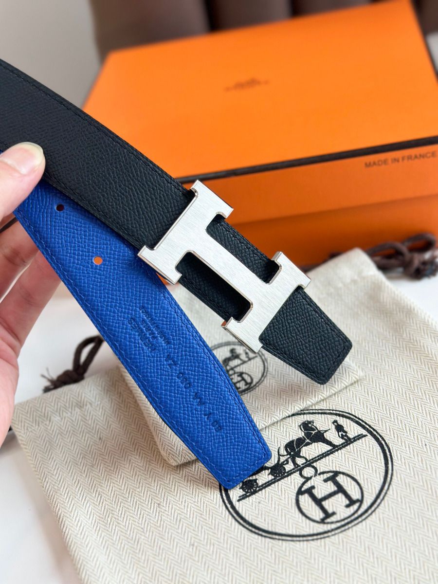 Hermes H Reversible Belt 32MM in Blue and Black Epsom Leather - Image 7