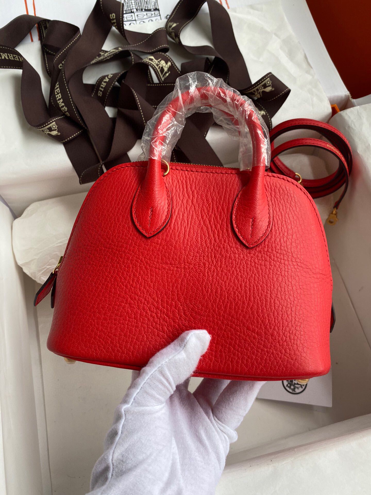 Hermes Bolide 1923 Mini Handmade Bag In Red Chevre Mysore Leather - Image 3