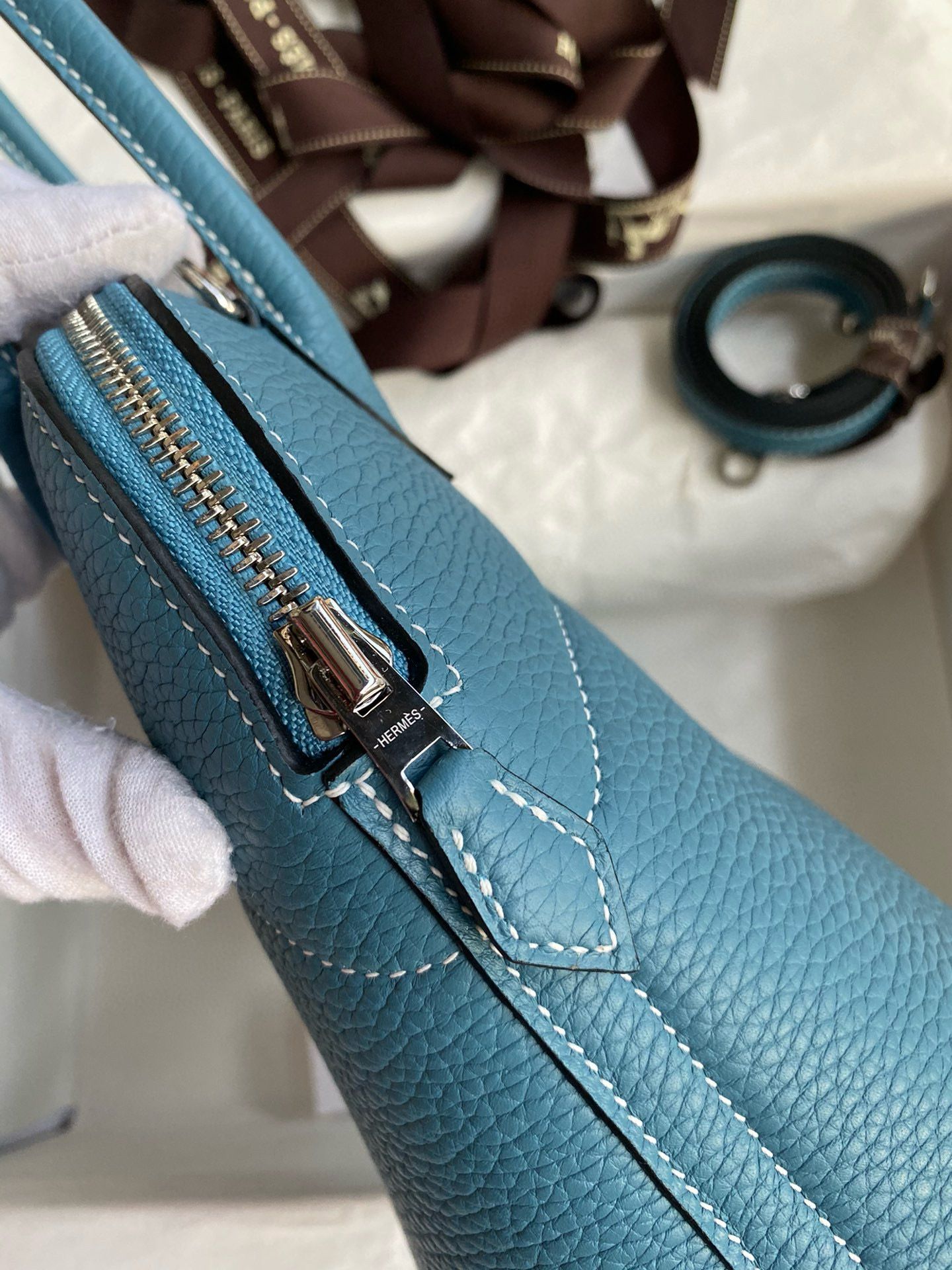 Hermes Bolide 1923 27 Handmade Bag in Blue Jean Clemence Calfskin - Image 7