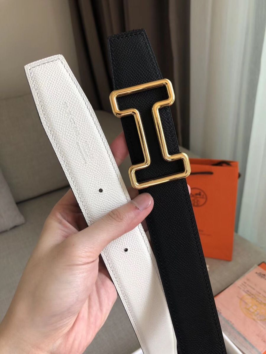 Hermes Tonight 38MM Reversible Belt In Black/White Epsom Leather - Image 3