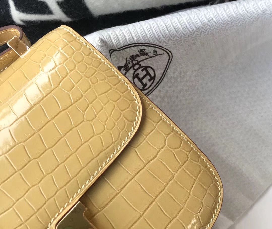 Hermes Constance 24cm Bag In Jaune Poussin Embossed Crocodile - Image 6