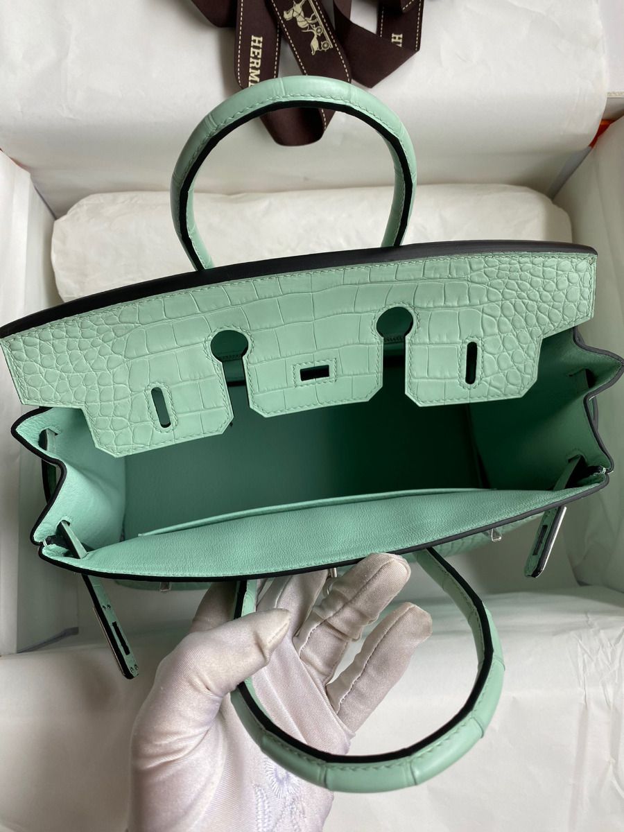 Hermes Birkin 25 Retourne Handmade Bag In Vert D'eau Matte Alligator Leather - Image 6