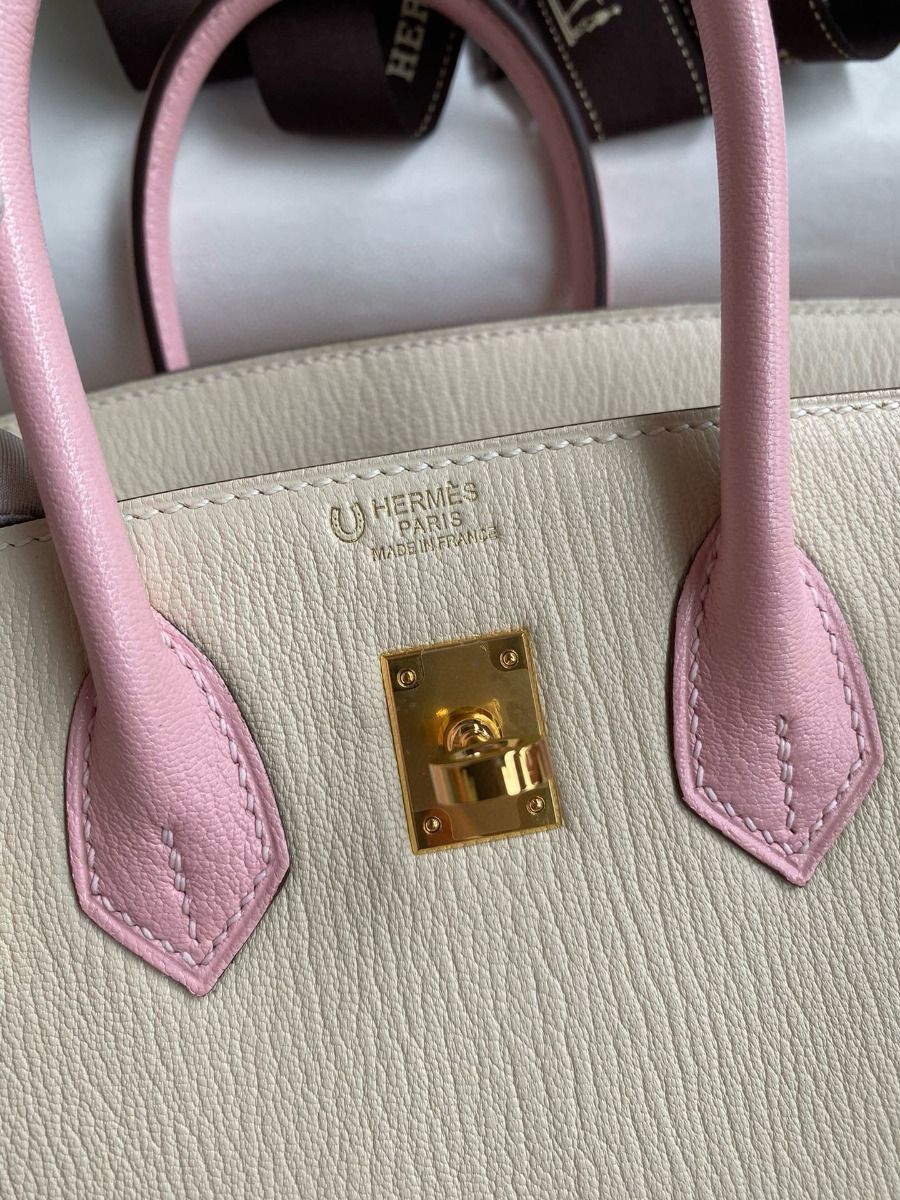 Hermes HSS Birkin 25 Bicolor Bag in Craie and Pink Chevre Mysore Leather - Image 7