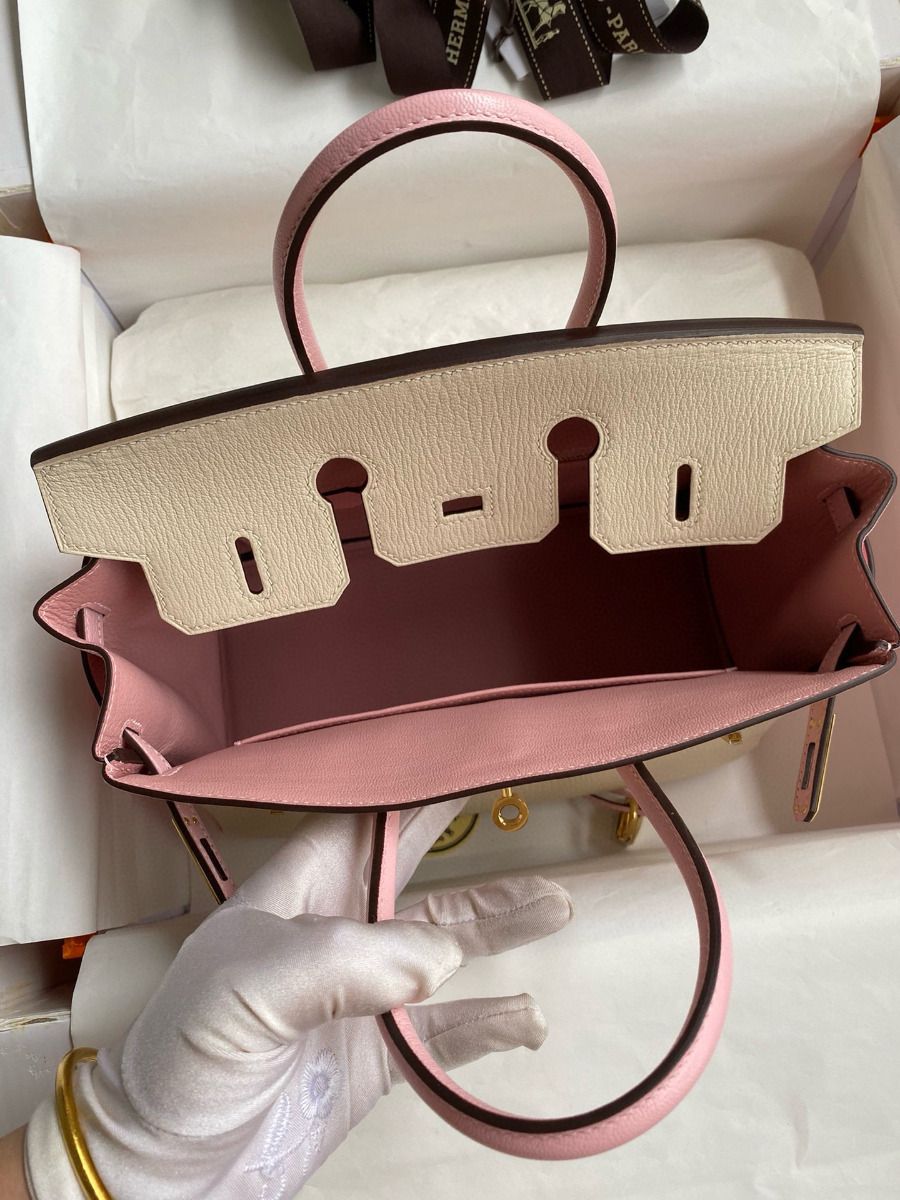 Hermes HSS Birkin 25 Bicolor Bag in Craie and Pink Chevre Mysore Leather - Image 9