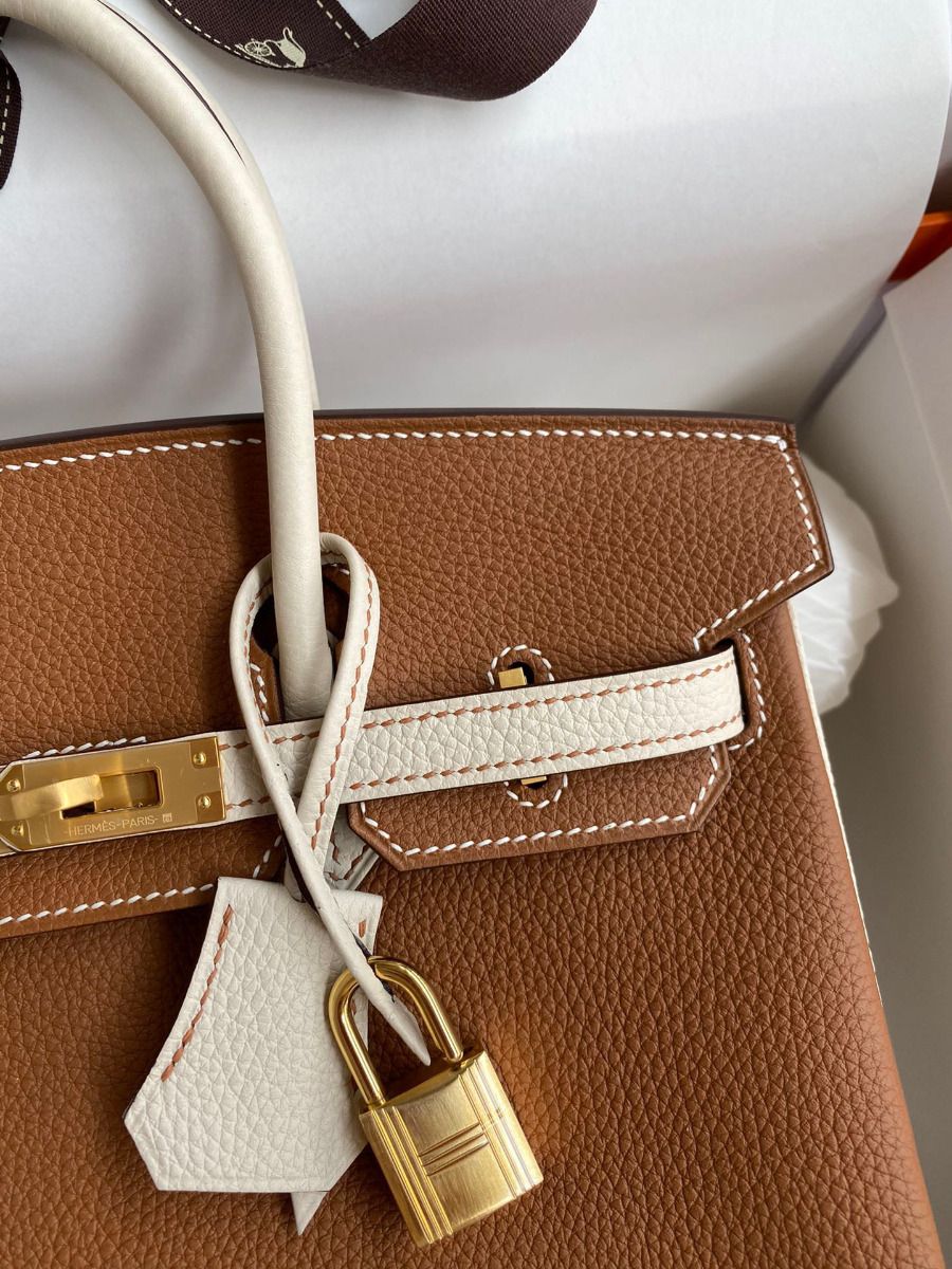 Hermes HSS Birkin 25 Bicolor Bag in Gold and Craie Clemence Leather - Image 4