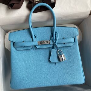 Hermes Birkin 25 Retourne Handmade Bag in Celeste Chevre Mysore Goatskin
