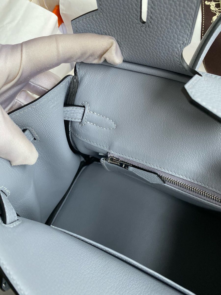 Hermes Birkin 25 Retourne Handmade Bag In Blue Lin Clemence Leather - Image 10