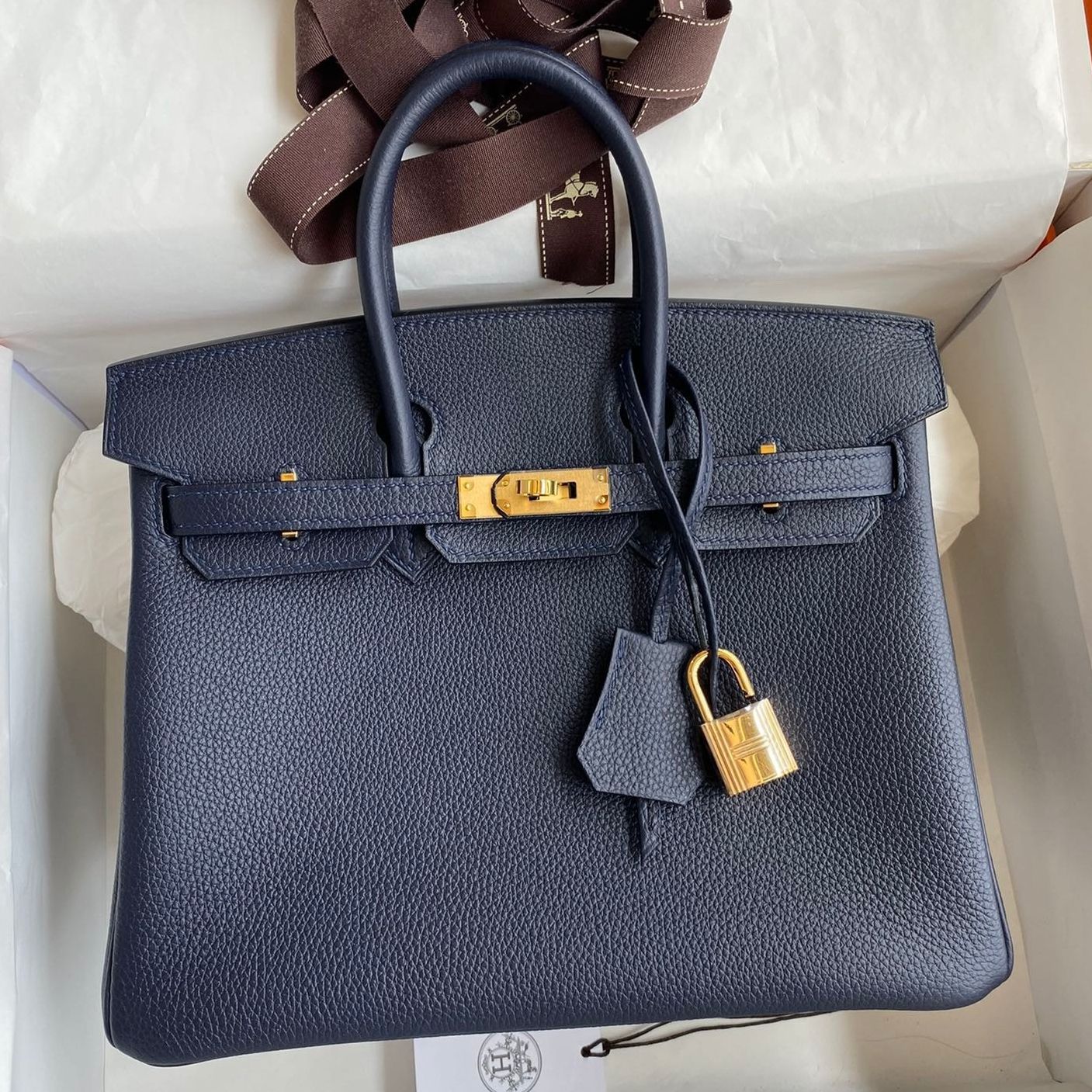 Hermes Birkin 25 Retourne Handmade Bag in Blue Nuit Clemence Leather