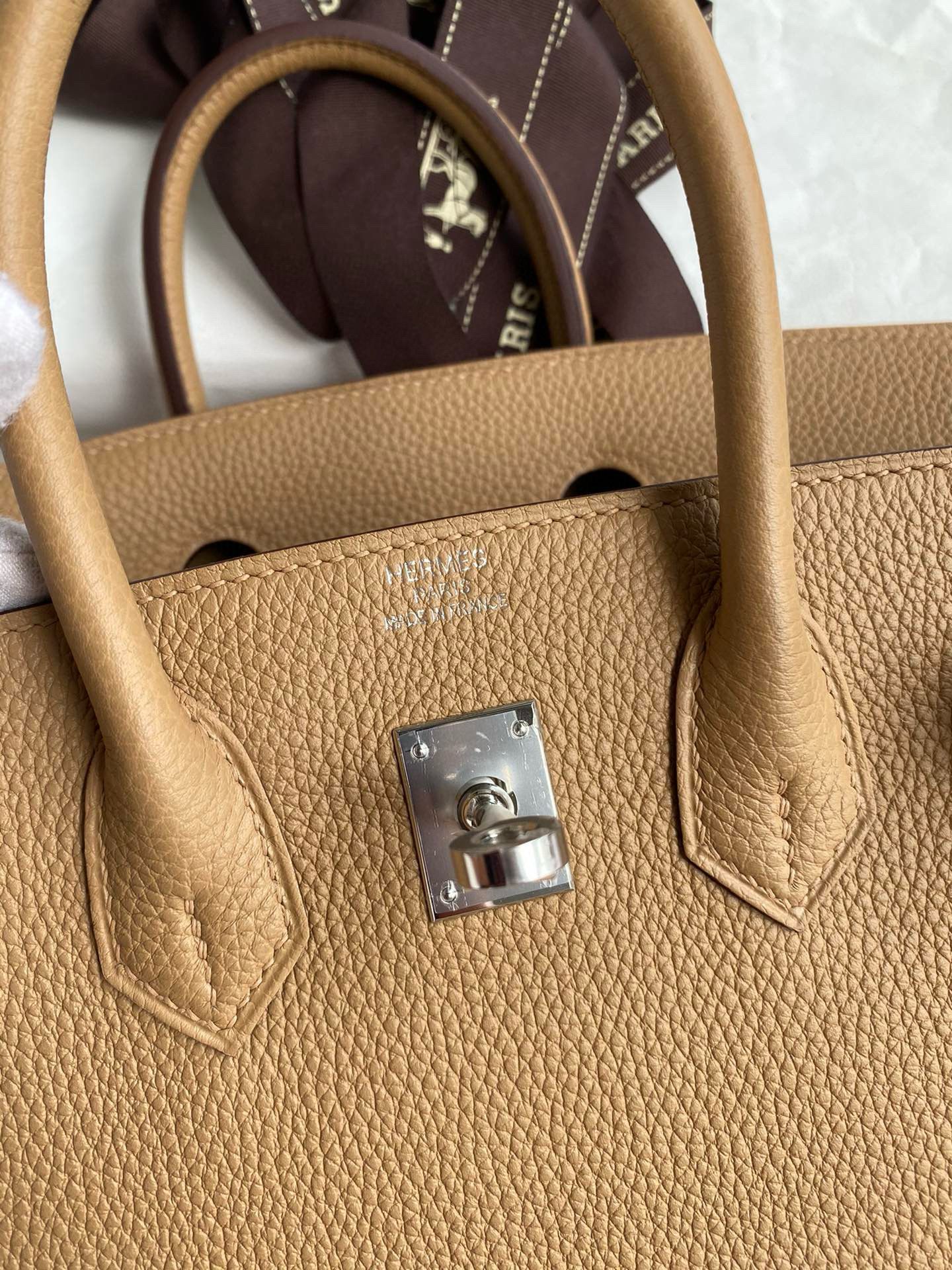 Hermes Birkin 25 Retourne Handmade Bag in Chai Clemence Leather - Image 7