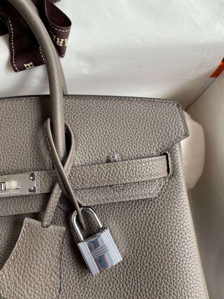 Hermes Birkin 25 Retourne Handmade Bag In Etain Clemence Leather - Image 4
