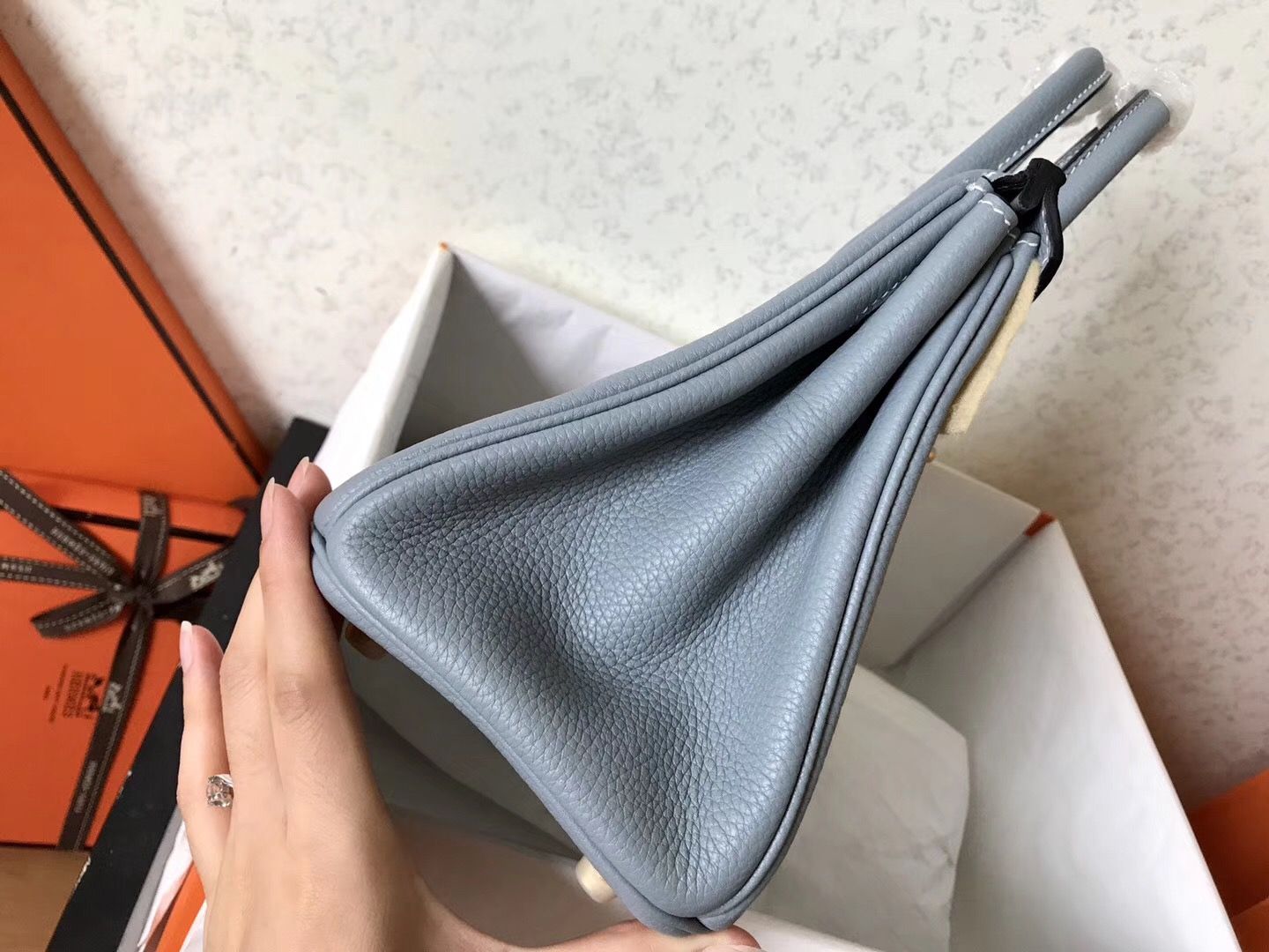 Hermes Birkin 25 Handmade Bag In Blue Lin Clemence Leather - Image 9