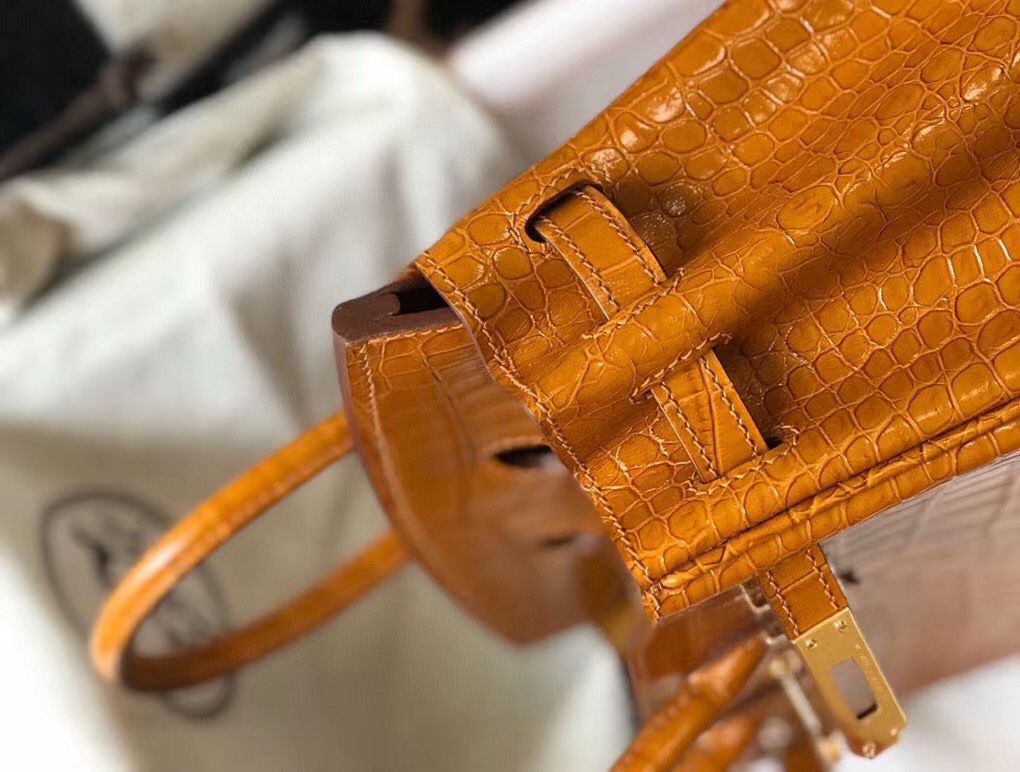 Hermes Birkin 25cm Bag In Gold Embossed Crocodile Leather - Image 6