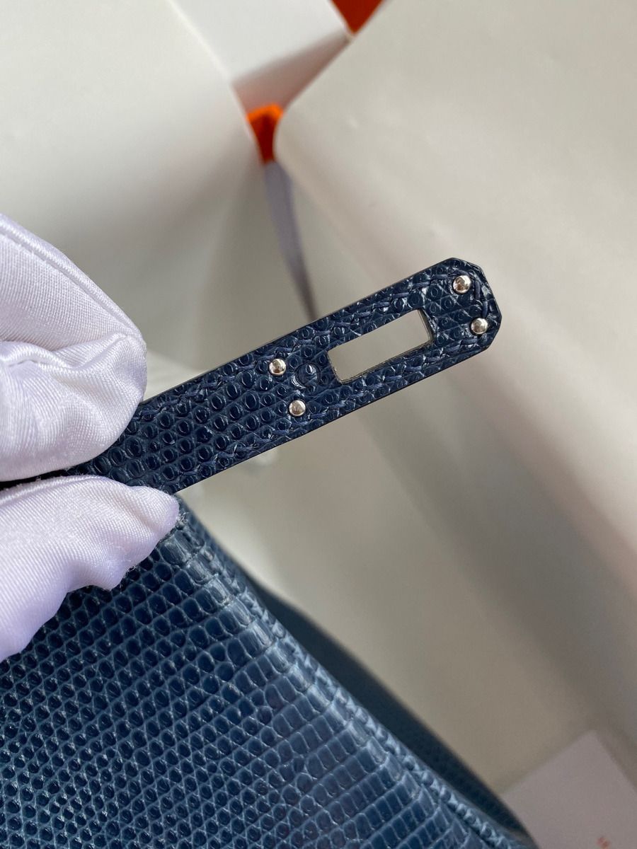Hermes Birkin 25 Retourne Handmade Bag In Blue Saphir Lizard Leather - Image 9