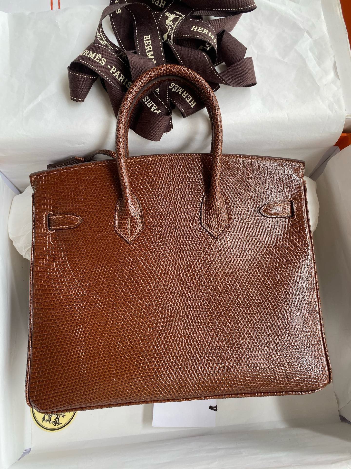 Hermes Birkin 25 Retourne Handmade Bag Caramel Lizard Leather - Image 3