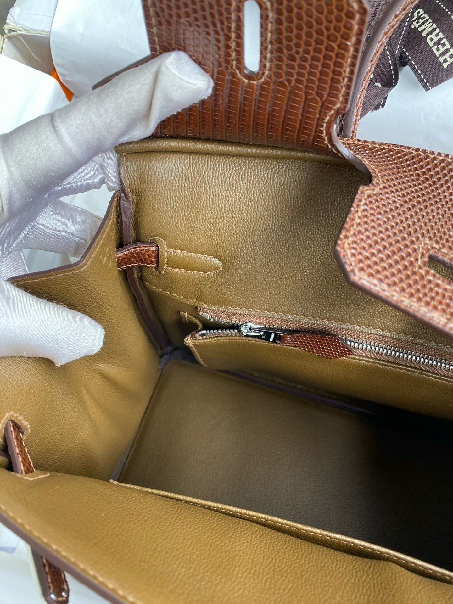 Hermes Birkin 25 Retourne Handmade Bag Caramel Lizard Leather - Image 10