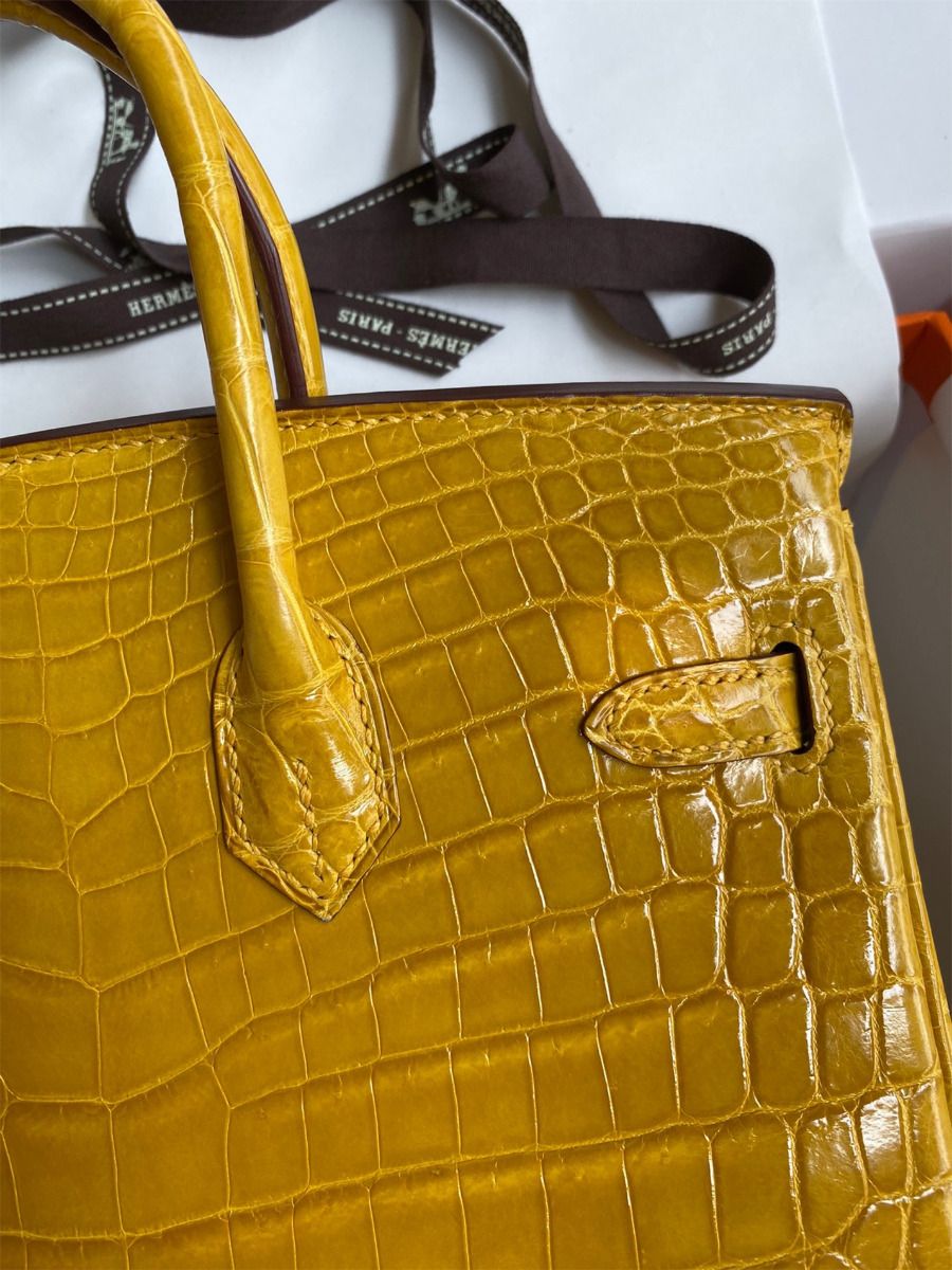 Hermes Birkin 25 Handmade Bag In Yellow Crocodile Niloticus Shiny Skin - Image 5