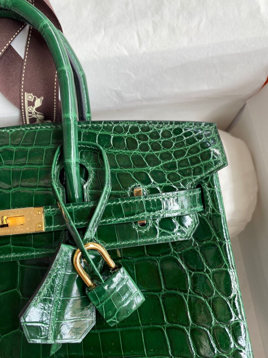 Hermes Birkin 25 Handmade Bag In Malachite Crocodile Niloticus Shiny Skin - Image 4