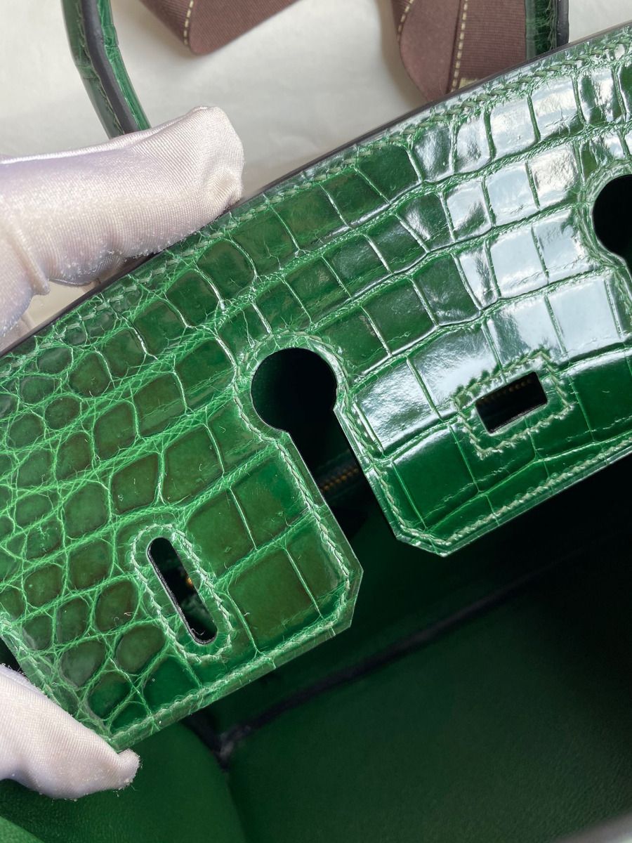 Hermes Birkin 25 Handmade Bag In Malachite Crocodile Niloticus Shiny Skin - Image 9