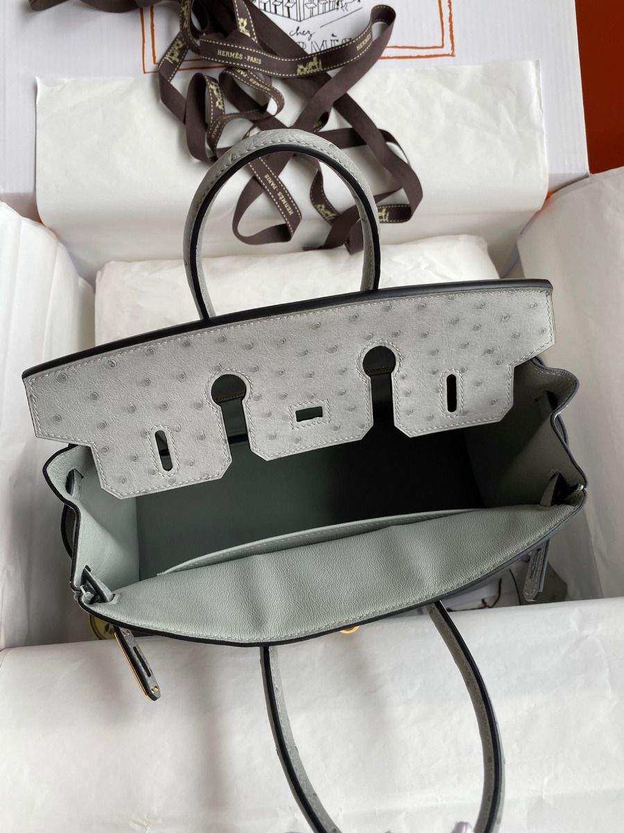 Hermes Birkin 25 Retourne Handmade Bag In Blue Glacier Ostrich Leather - Image 7