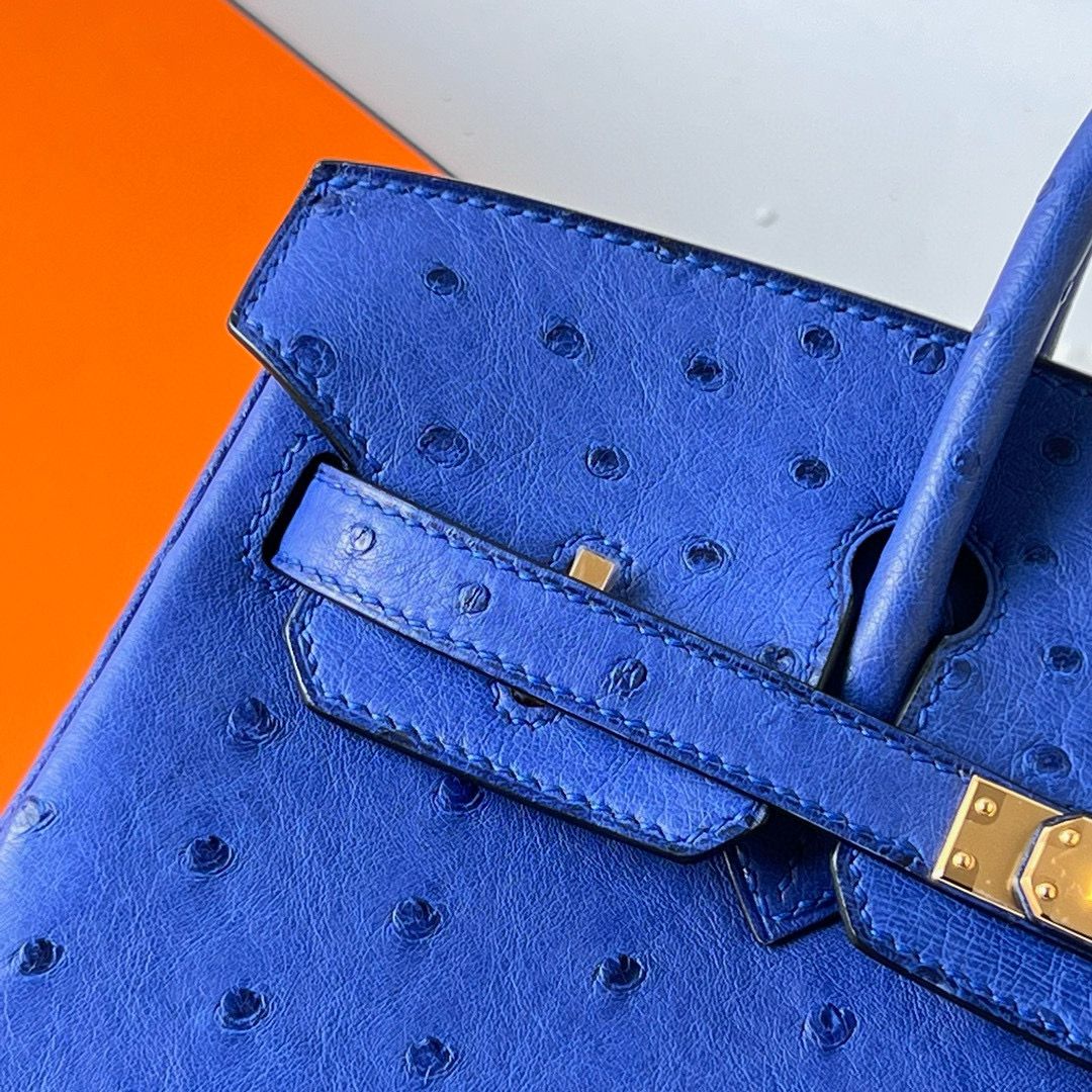 Hermes Birkin 25 Retourne Handmade Bag In Blue Zellige Ostrich Leather - Image 4