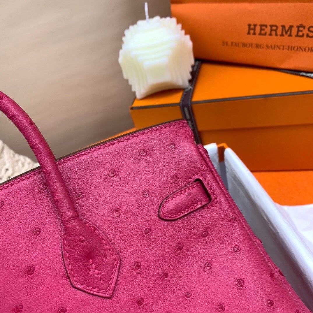 Hermes Birkin 25 Handmade Bag In Rose Red Ostrich Leather - Image 8