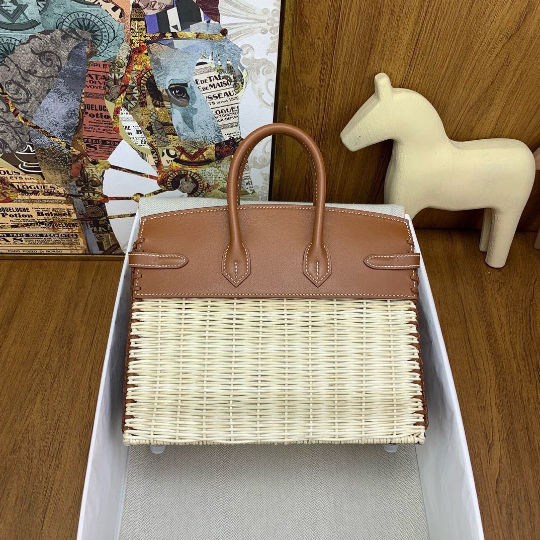 Hermes Picnic Birkin 25 Bag in Wicker with Gold Swift Calfskin - Image 3