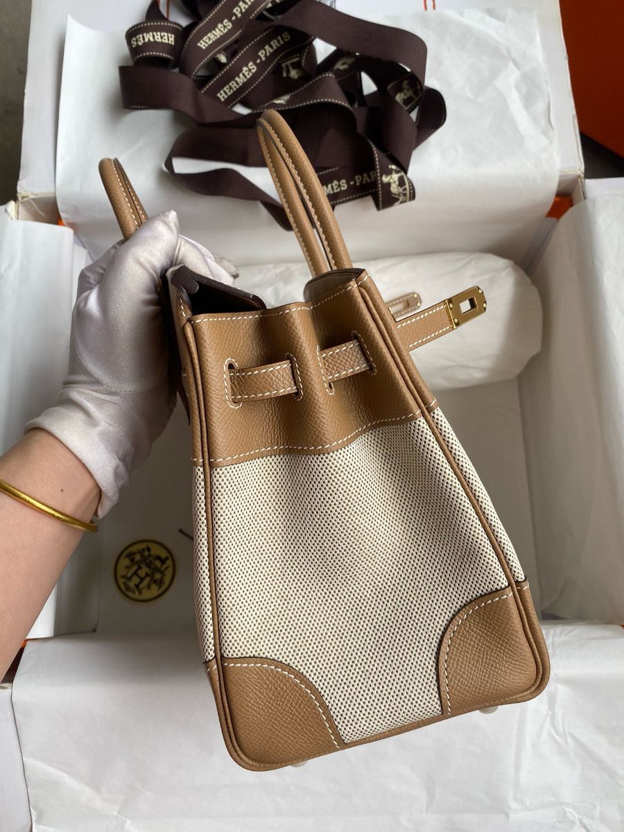 Hermes Birkin 25 Handmade Bag In Toile & Chai Epsom Leather - Image 6