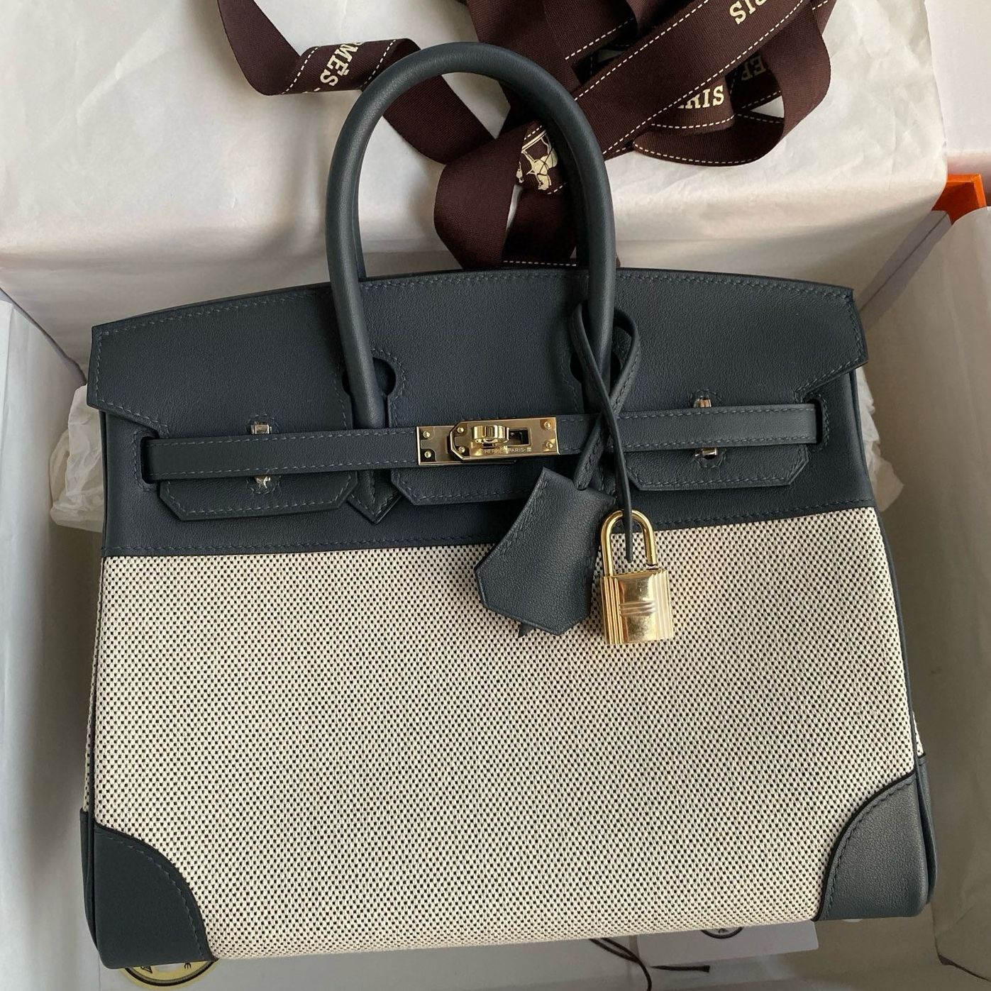 Hermes Birkin 25 Handmade Bag in Toile & Gris Misty Swift Leather