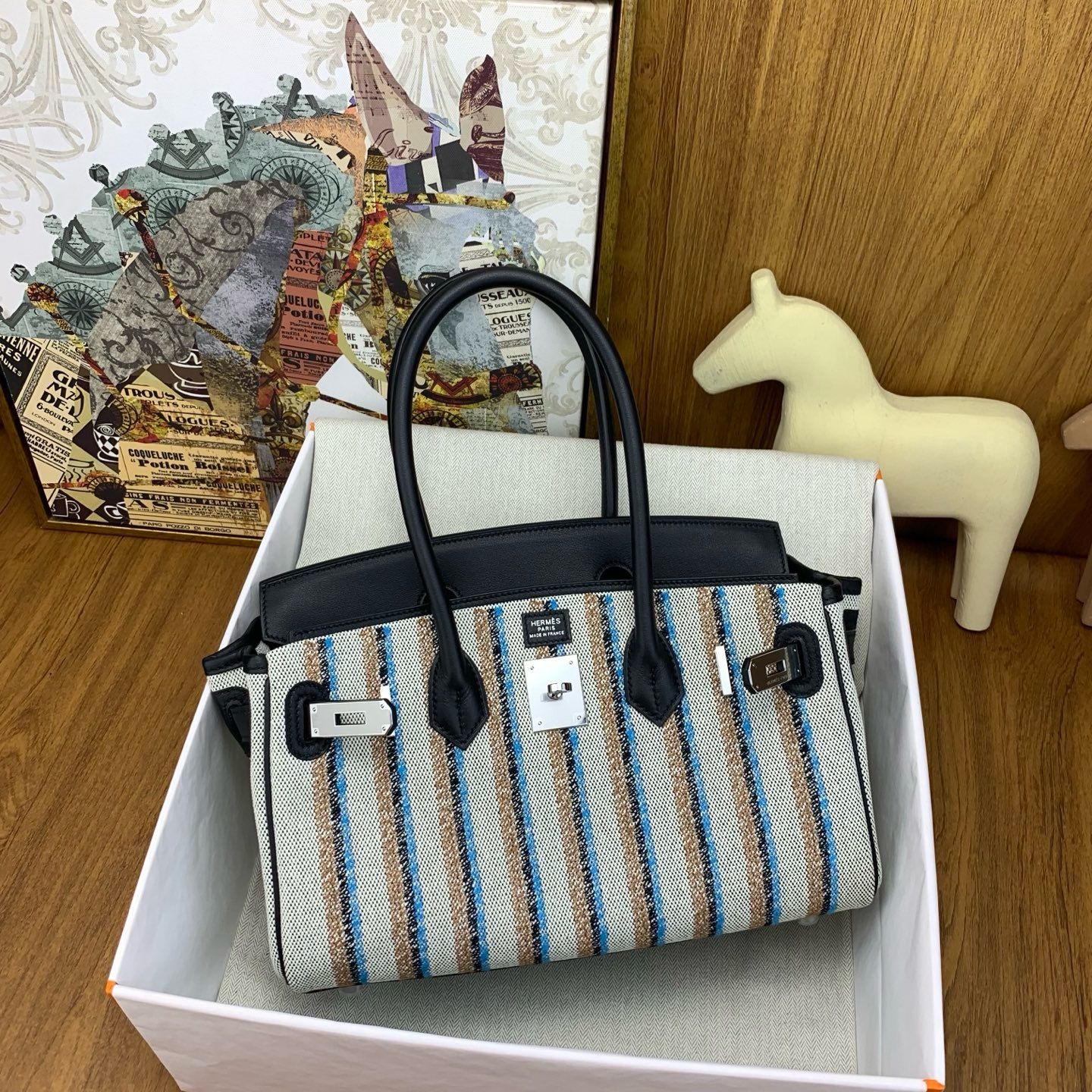 Hermes Shoulder Birkin Light 29 Bag in Toile and Black Swift Leather - Image 5