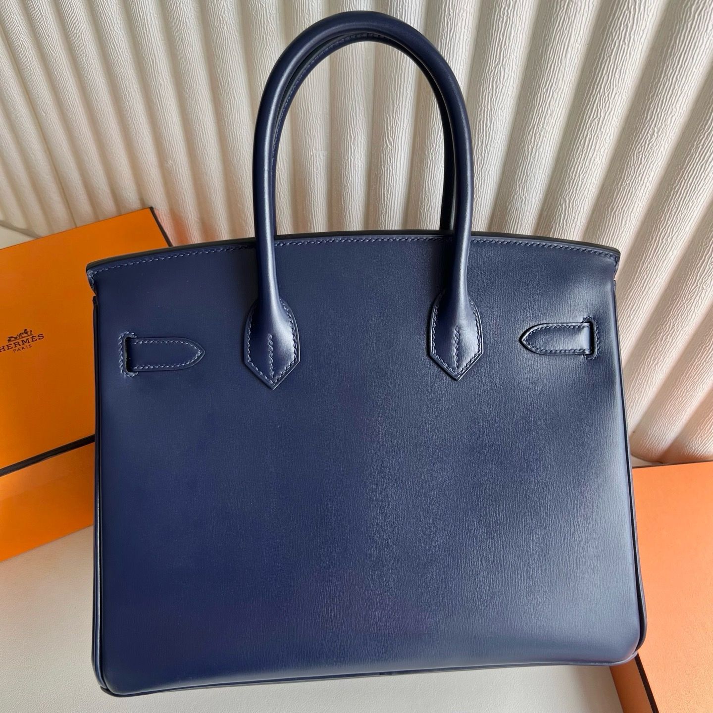 Hermes Birkin 30 Retourne Handmade Bag in Blue Saphir Box Calfskin - Image 9