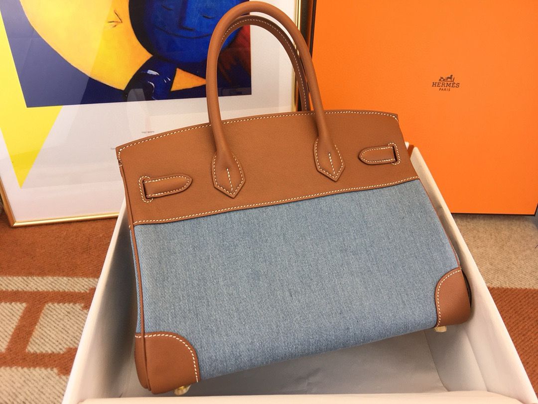 Hermes Birkin 30 Handmade Bag in Denim & Gold Swift Leather - Image 5
