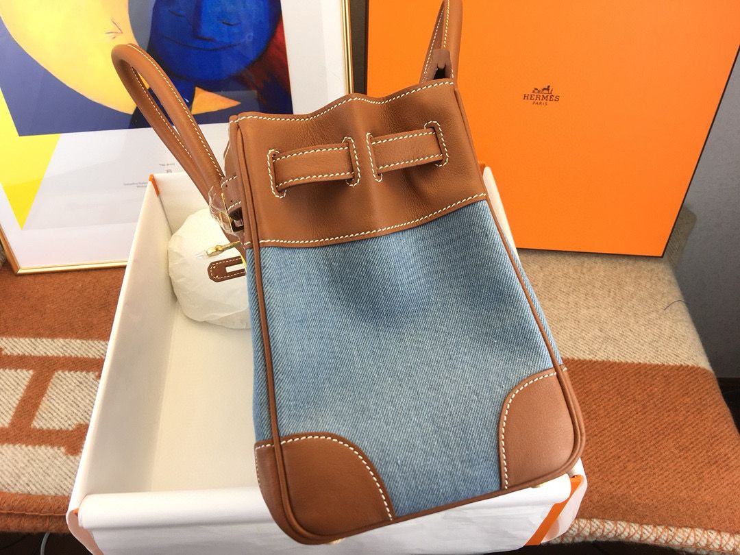 Hermes Birkin 30 Handmade Bag in Denim & Gold Swift Leather - Image 9