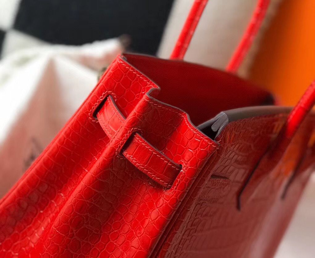Hermes Birkin 30cm Bag In Red Embossed Crocodile Leather - Image 7