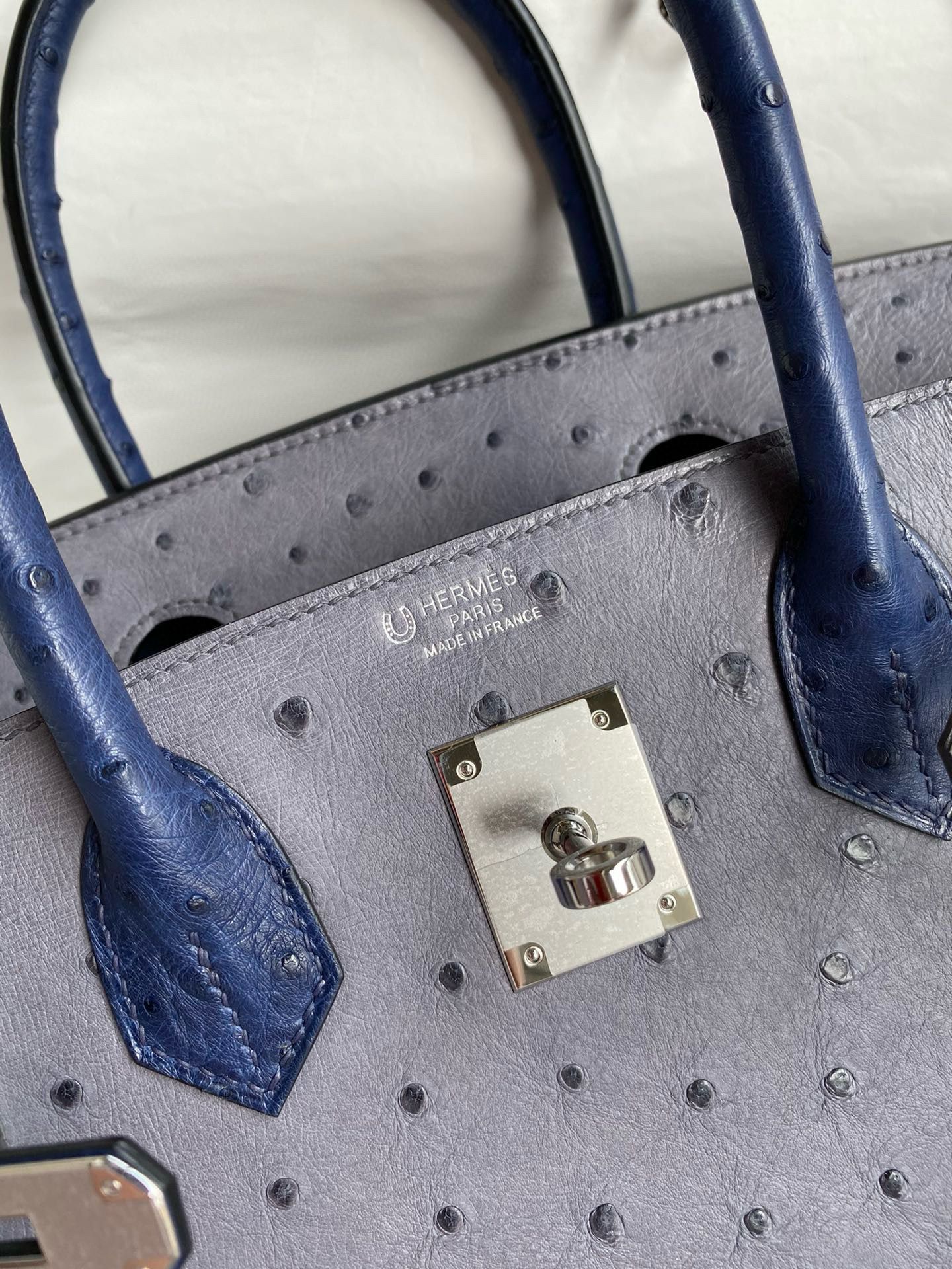 Hermes HSS Birkin 30 Bicolor Bag in Gris Agate and Blue Iris Ostrich Leather - Image 7