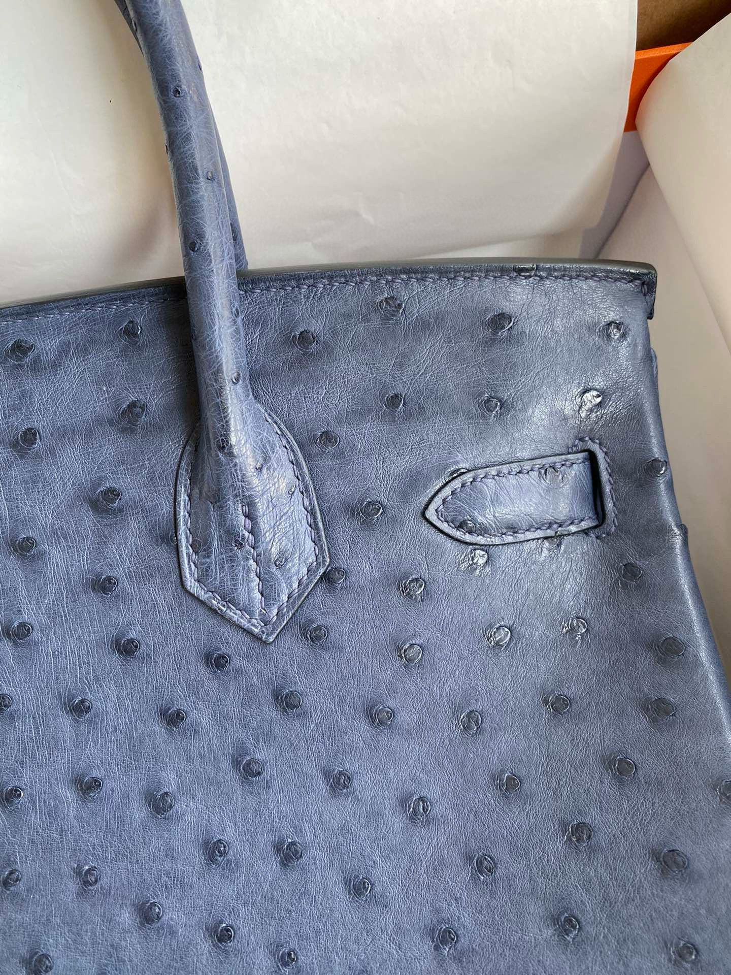 Hermes Birkin 30 Retourne Handmade Bag In Blue de Malte Ostrich Leather - Image 5