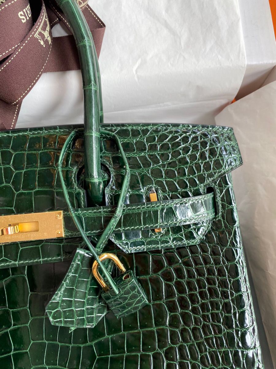 Hermes Birkin 30 Handmade Bag In Green Crocodile Porosus Shiny Skin - Image 4