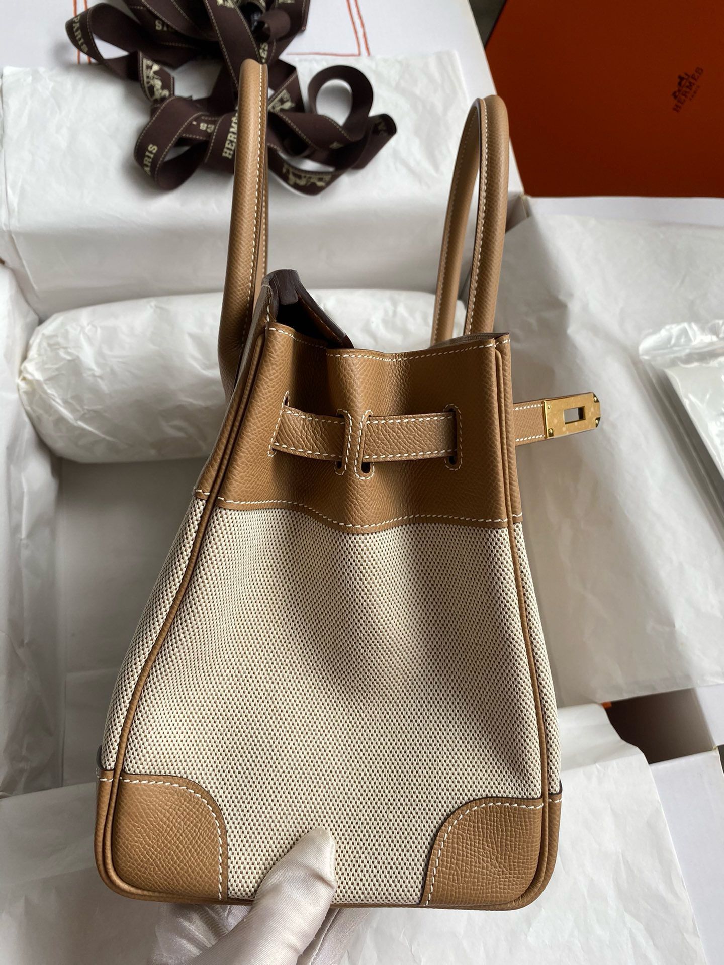 Hermes Birkin 30 Handmade Bag In Toile & Chai Epsom Leather - Image 6