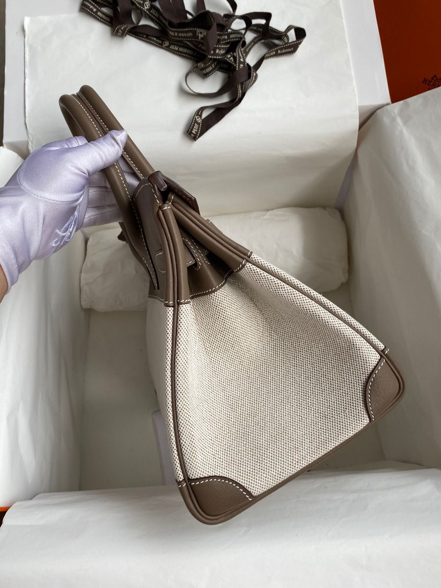 Hermes Birkin 30 Handmade Bag In Toile & Tourterelle Swift Leather - Image 5