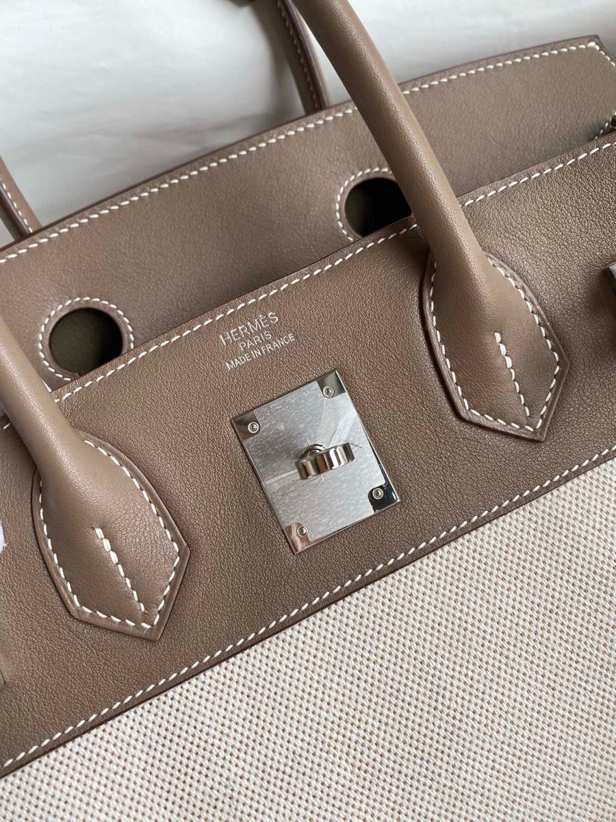 Hermes Birkin 30 Handmade Bag In Toile & Tourterelle Swift Leather - Image 7